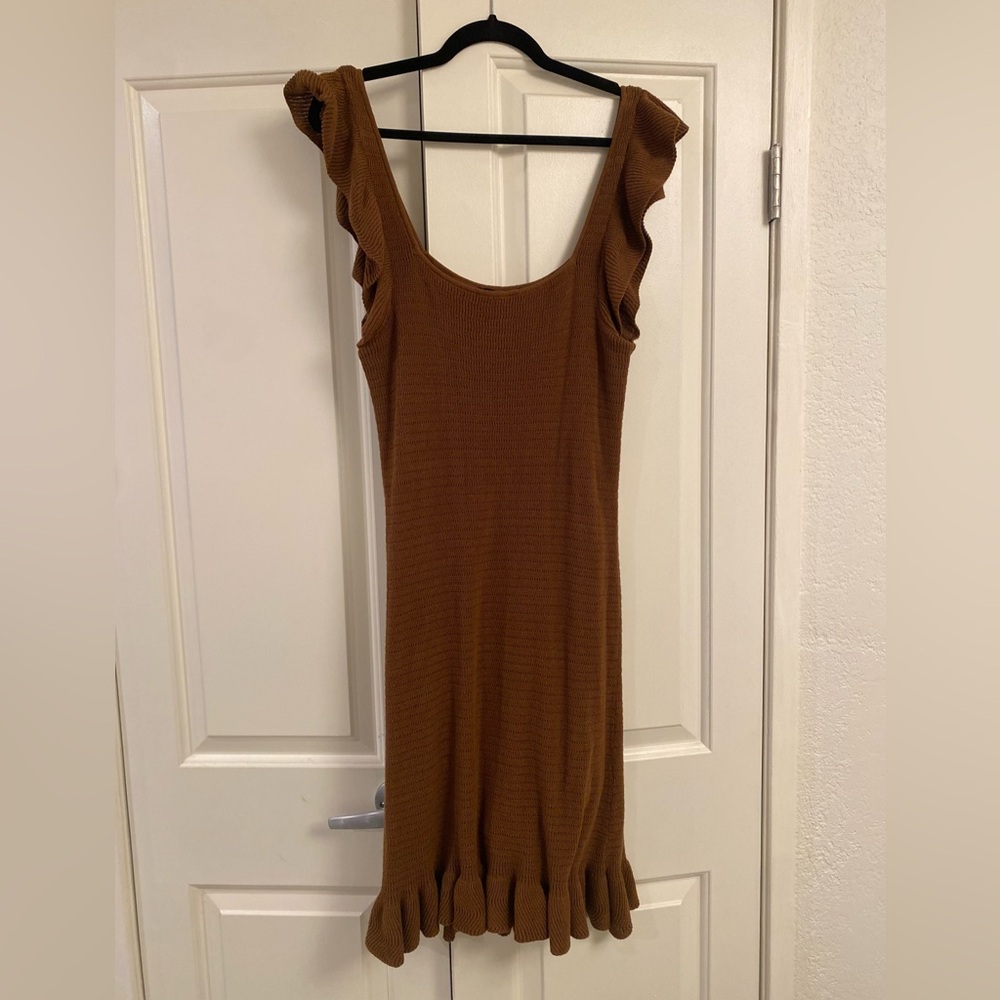 House of Harlow 1960 Brown Knit Ruffle Midi Dress
